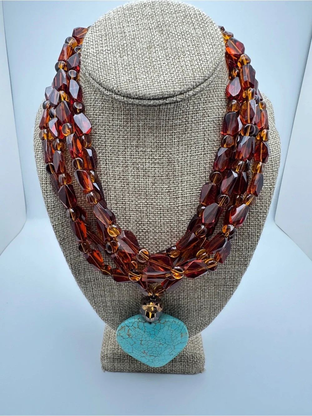 Multi-Strand Amber Glass Necklace with Turquoise Heart Pendant